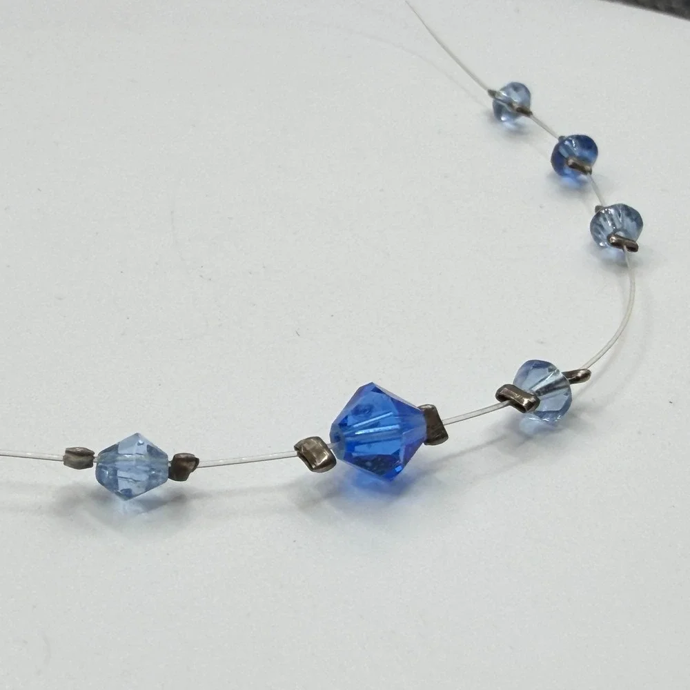 Blue Faceted Crystal Illusion Necklace Clear Wire Minimalist Y2K Gift for Her